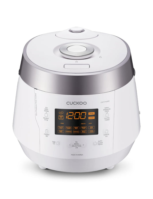 CUCKOO High Pressure Rice Cooker 10-Cup Uncooked / 20-Cup Cooked with Nonstick Inner Pot, Large Rice Maker with 13 Menu Options and Steam Plate, Fuzzy Logic Tech, Voice Guide, White (CRP-P1009SW)