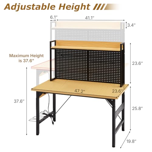 48" Adjustable Height Workbench with Pegboard, Work Benches for Garage, Heavy Duty Wood Top Work Bench with Wheels, 2000 LBS Load Capacity, Rolling Work Table with AC/USB Outlet Storage Shelf Hooks