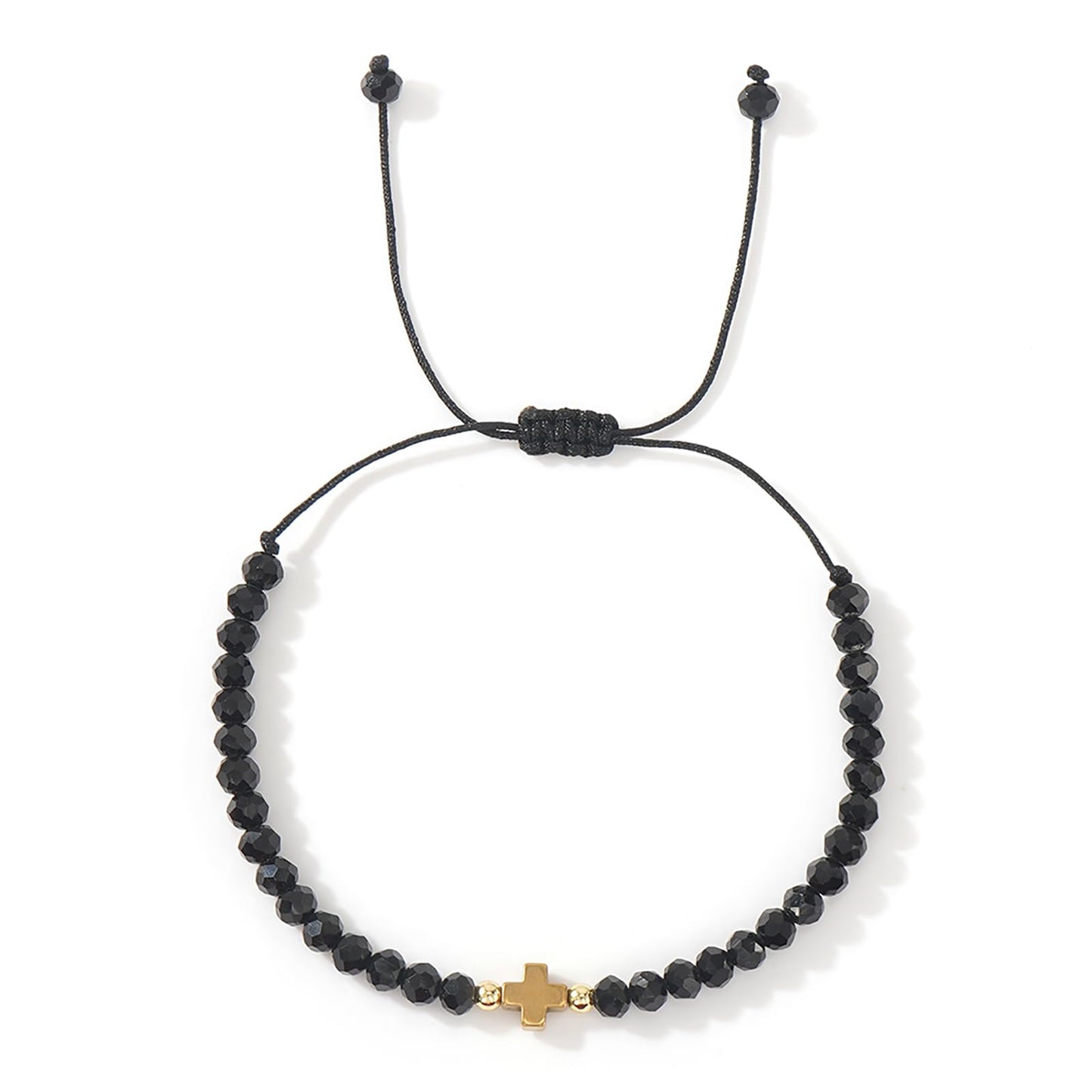 Opalencian Black Crystal Beads Drawstring Bracelet for Women,Gold Plated Cross Bracelets Charm Beads Good Luck Handmade Fashion Jewelry Gifts