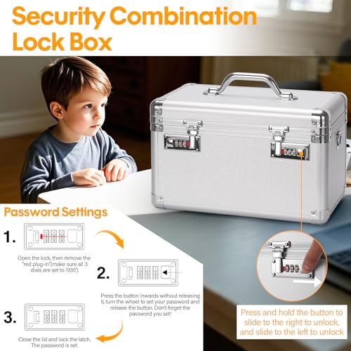 Combination Lock Box - 13.4x7.5x8.3 Inch Large - Security Lock Boxes for Medicine, Locking Storage Box for Personal Items Passports and Documents, Lockable Lockbox for Office Business, Silver