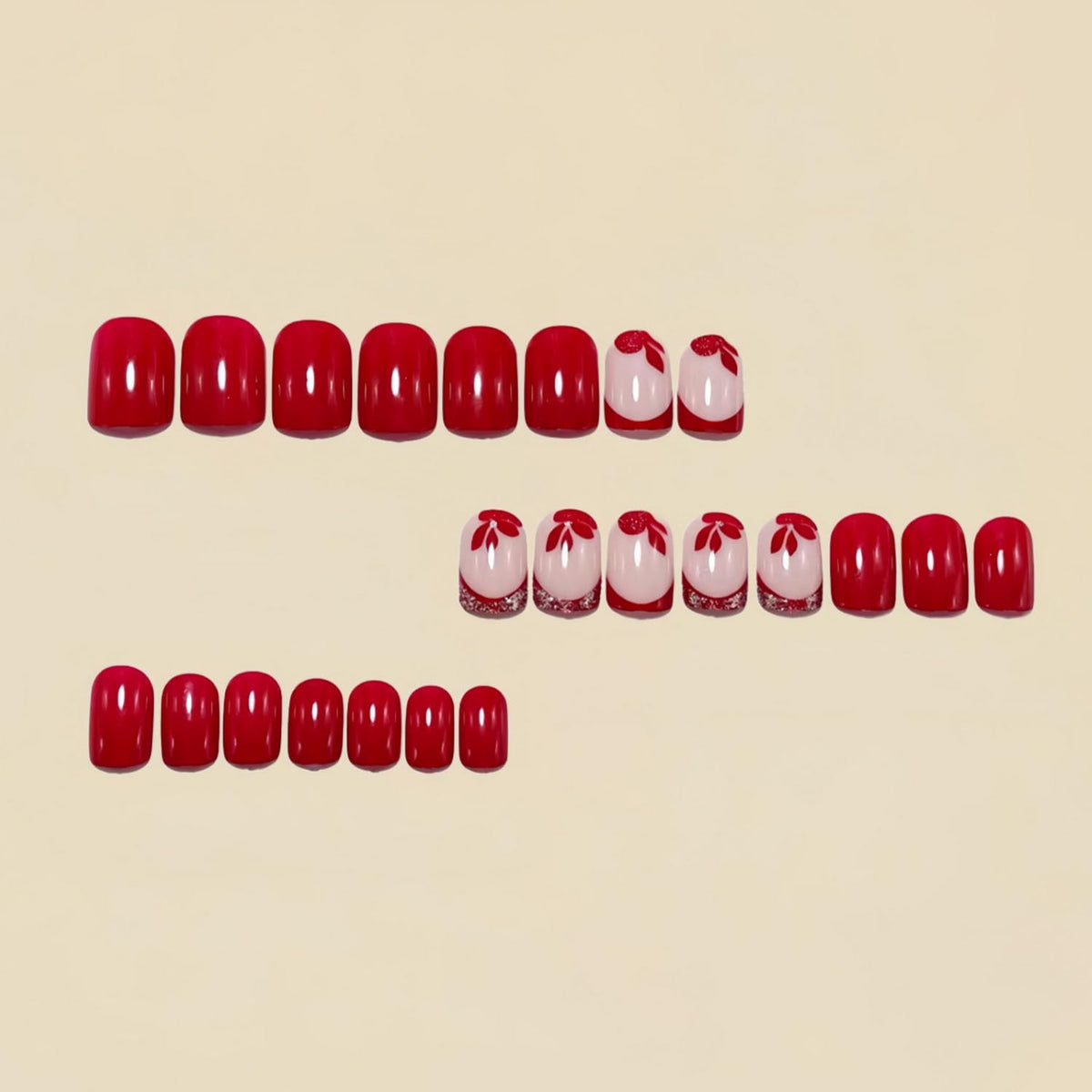 Red Press on Nail Short Square Fake Nails French Tip with designs Flower Acrylic Stick on Nail Glitter Artificial Glossy Cute False Nails Full Cover Reusable Glue on Nails for Women Spring Summer