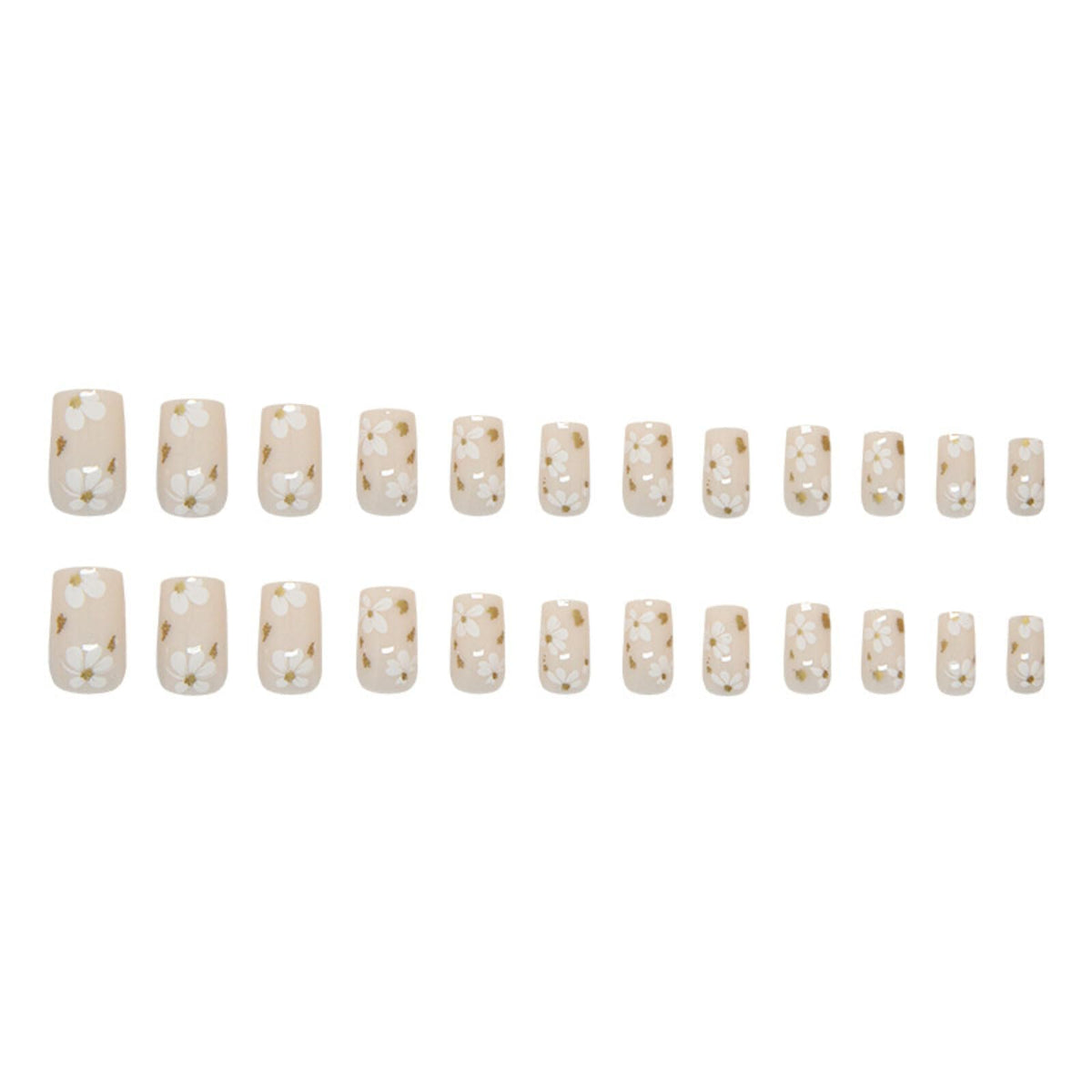 Floral Medium Square Press on Nails Nude Base White Floral Accents Gold Foil Details Glossy Finish Reusable Spring Nails Easy Apply Fashion Party Wear Durable Trendy Women Girls Nail Art 24 Pcs