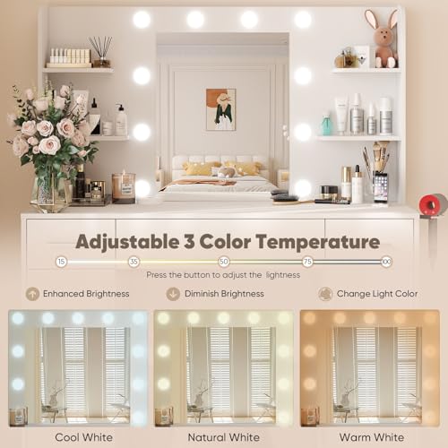 DUMOS Vanity Desk Makeup with Mirror LED Lights, White Table with Power Outlet 3 Drawer, 4 Storage Shelves & 2 Cabinets, 3 Lighting Modes & Adjustable Brightness, Dressing Tables for Bedroom