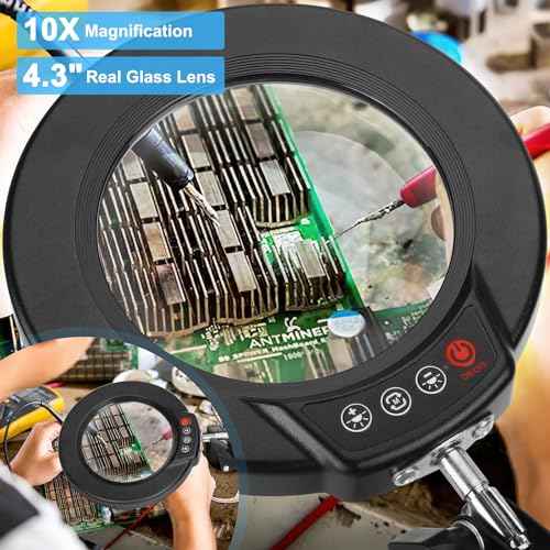 10X Magnifying Glass with Light and Stand, 5 Color Modes Stepless Dimmable 2-in-1 Lighted Magnifier with Clamp, LED Desk Lamp Hands Free for Crafts Hobby Reading Painting Sewing Close Work