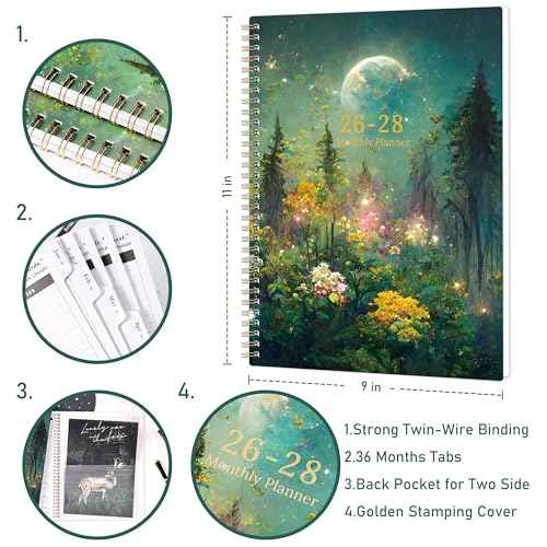 2026-2028 Monthly Planner/Calendar - 3 Year Monthly Planner 2026-2028, Jan.2026 - Dec.2028, 9" x 11", 3 Year Calendar 2026-2027-2028 with 36-Month Tabs, Inner Pocket - Dreaming Moonlight