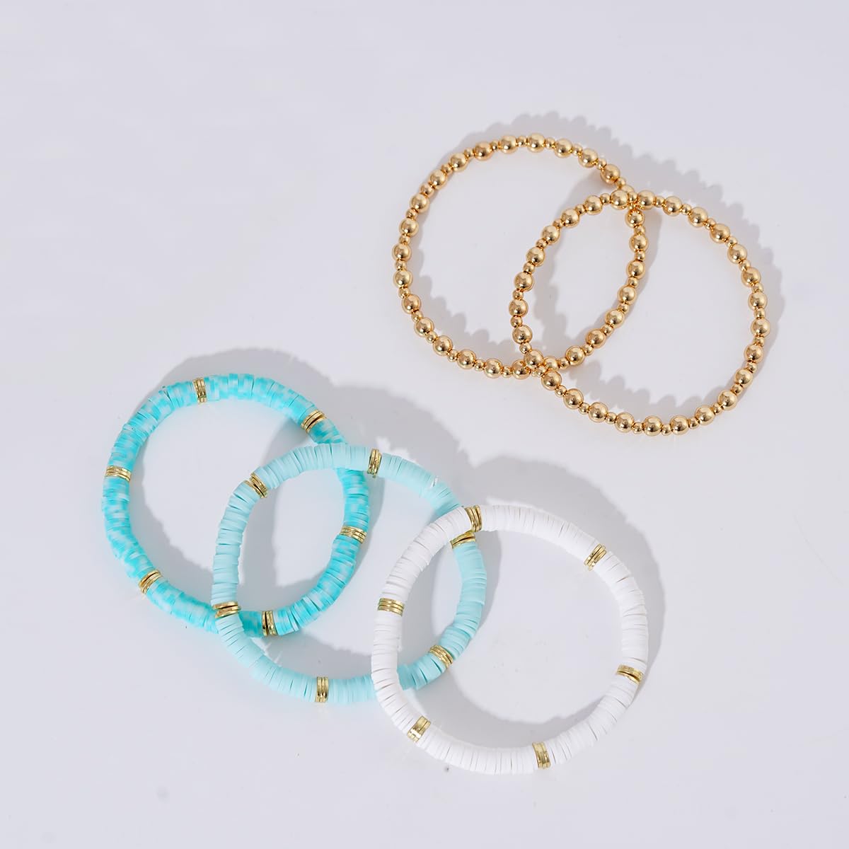GOOJIDS Surfer Heishi Clay Bead Bracelets for Women Bohemian Stackable Gold Plated Beaded Stretch Bracelets Elastic Layering Friendship Bracelets Set Boho Jewelry