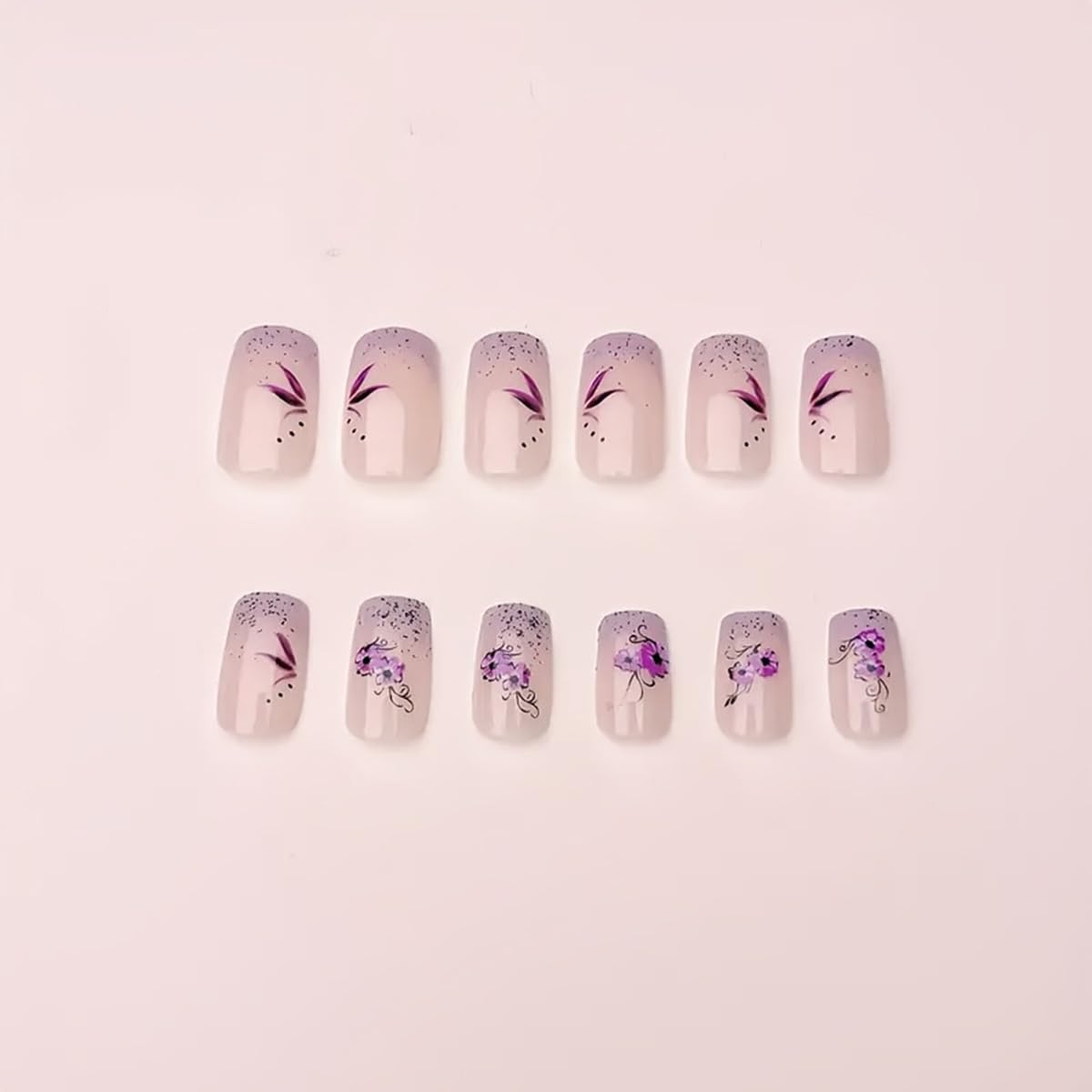Purple French Press on Nails Short Square Fake Nails Nude False Nails Press ons with Purple Flower Design Glitter Nail Art Tips Full Cover Acrylic Glue on Nails for Women 24 Pcs
