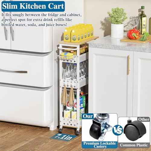 Rolling Slim Storage Cart, 4-Tier Narrow Bathroom Laundry Room Organization Cart, Metal Kitchen Storage Mobile Shelf Unit Organizer with Wood Top, Slim Utility Cart with Wheels for Small Space