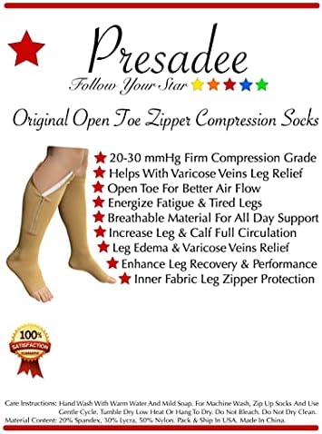 Original Open Toe 20-30 mmHg Firm Compression Circulation Zipper Socks (Beige, X-Small)
