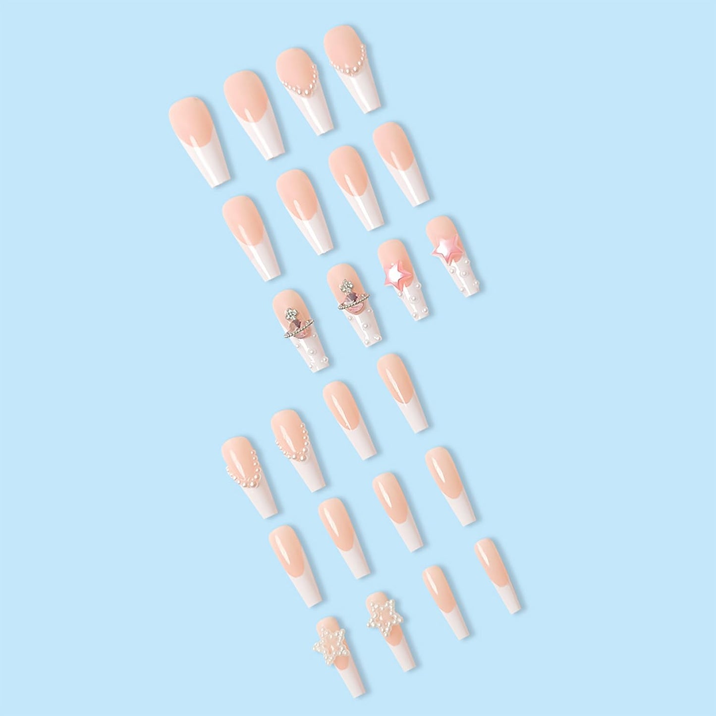 Vezocim Press on Nails Coffin Long French Tips Glossy Full Cover Acrylic Square Rhinestone Fake Nails with Star Gems Designs Extra Long False Nails Glue Stick on Fingernails with Charm for Women