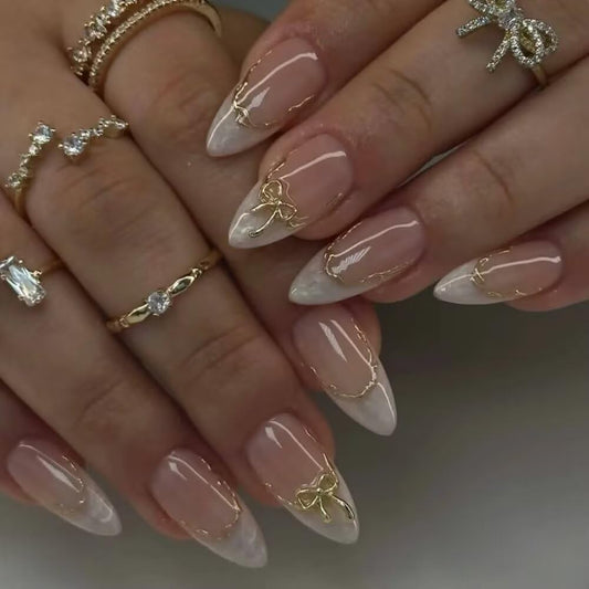 MAGLFELL Press On Nails - Handmade Almond Fake Nails, Cute French Bow Design, Reusable Artificial Almond False Nails for Women 10 Pcs 3D Acrylic Nails Kit (Size S)