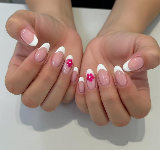 Press on Nails Almond Painted Flowers French Fake Nails French Fake Nails Reusable Nail Kit with Nail Glue Adhesive Tabs Mini File for Women Manicure Art Decoration 24PCS