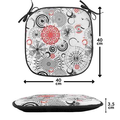 Ambesonne Mandala Chair Seating Cushion Set of 2, Grunge Looking Round Floral Rounds Contrast Colors and Design, Anti-Slip Seat Padding for Kitchen & Patio, 16"x16", Vermilion Black White