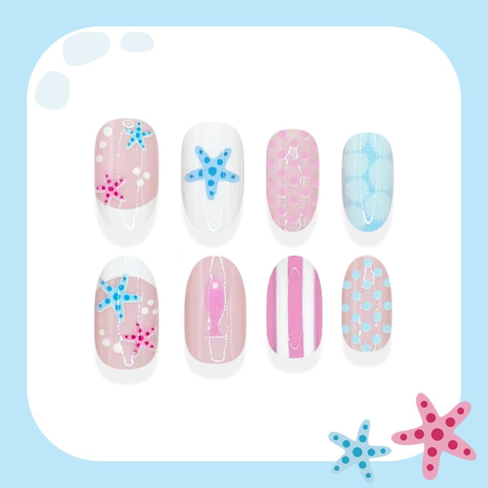 QUNQINLI French Tip Press on Nails Short Oval Fake Nails Press ons Nail Tips Kit with Fish Starfish Striped Design Summer Blue Pink False Nails Full Cover Nude Glossy Glue on Nails for Women 24 Pcs
