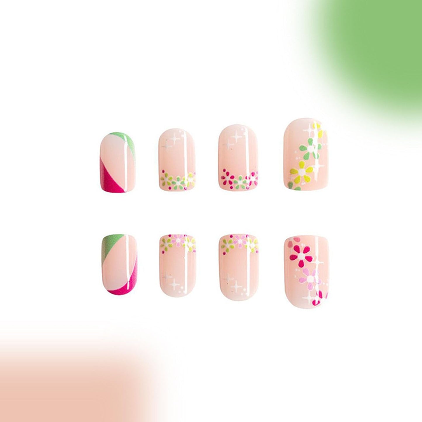 Square Press on Nails Short Fake Nails with Colorful Flower Butterfly Designs Green French Nails Press ons Glossy Glue on Nails Spring Summer False Nails Nude Stick on Nails for Women 24Pcs