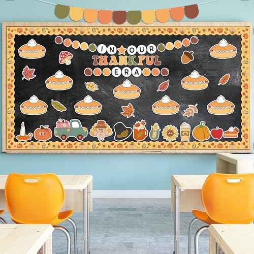 152Pcs Thanksgiving Bulletin Board Decoration Set, in Our Thankful Era Pumpkin Pie Cutouts Kids DIY Photo Craft Fall Border Trims Thanksgiving Classroom Chalkboard Supplies Wall Decor