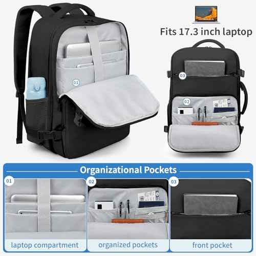 ZOMFELT Travel Backpack for Men, Carry on Backpack, TSA 17.3 inch Laptop Backpack Flight Approved, Personal Item Travel Bag Nurse Bag Casual Daypack for Weekender Business Trip, Black