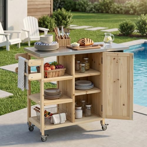 Casaphoria Outdoor Grill Cart with Folding Stainless Steel Tabletop,40" x 15" Rolling BBQ Prep Station & Kitchen Island, Wood Garden Table with Storage Cabinet and Towel Rack,Natural Finish