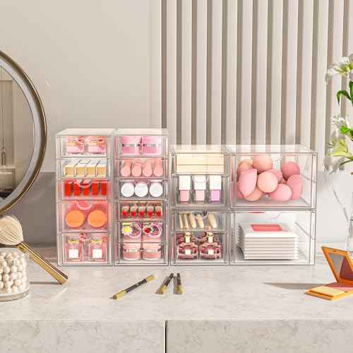 Makeup Acrylic Organizer with 17 Drawers(4 Sets), Desk Organizers and Accessories, Clear Makeup Organizer, Dustproof Storage Drawers for Office Art Craft Supplies