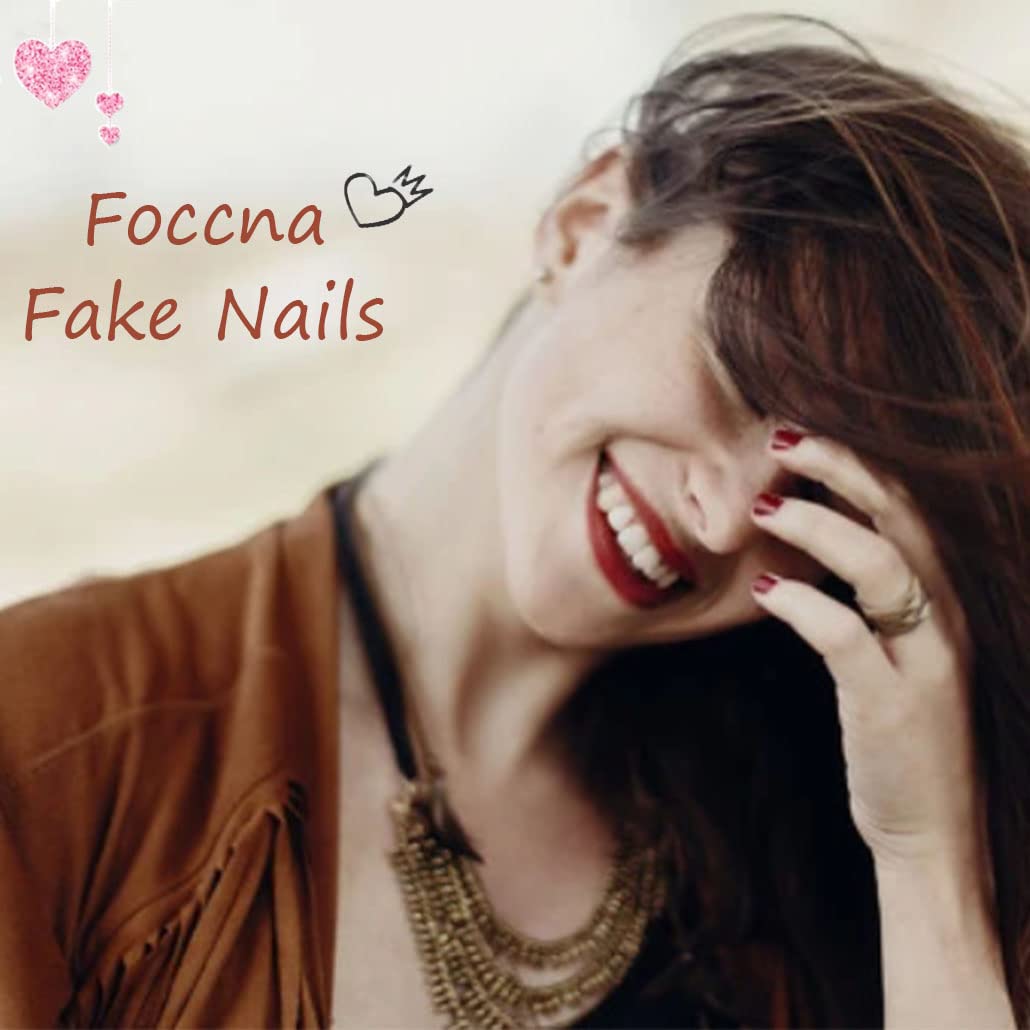 Foccna French Press on Nails Short Red Fake Nails Square Glossy Flower False Nail Tips Artificial Nails for Women&Girls 24 pcs