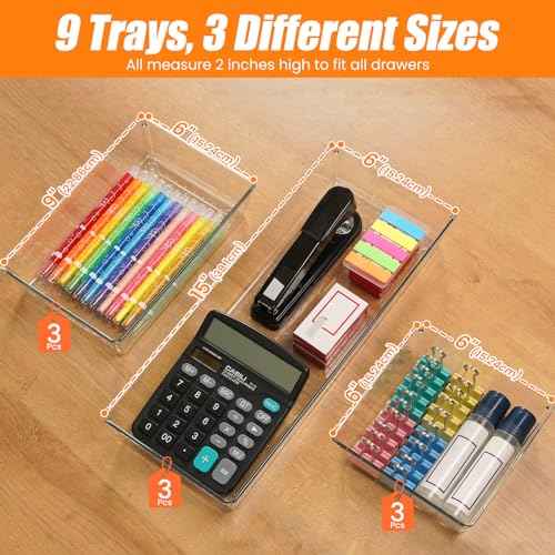 9 Pack Clear Plastic Drawer Organizer Set, Acrylic Non Slip Non Cracking Kitchen Drawer Storage Tray Large Size Divider, Multifunctional Storage for Cosmetics, Bathroom, Tools, Kitchen and Office