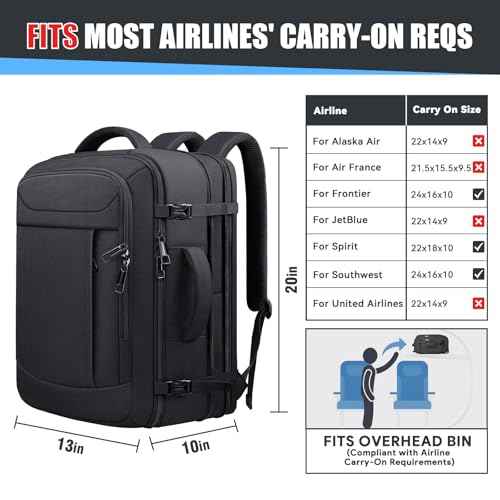 Travel Backpack,Expandable 40-50L Carry On Backpack,Extra Large Anti-Theft TSA Flight Approved Large Weekender Daypack Bag for Men and Women, Waterproof Pocket Lightweight Travel Gifts for Men,Black