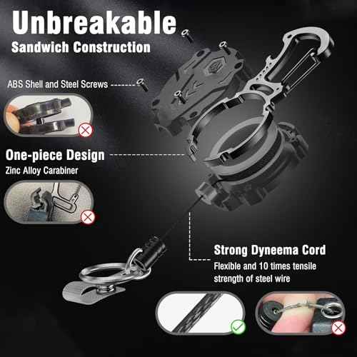 2Pack Heavy Duty Retractable Keychain, Tactical ID Badge Holder Reel Carabiner Clip with Magnetic Closure for Men, Unbreakable Sandwich Construction with 31" Dyneema Cord, Bearing 25oz