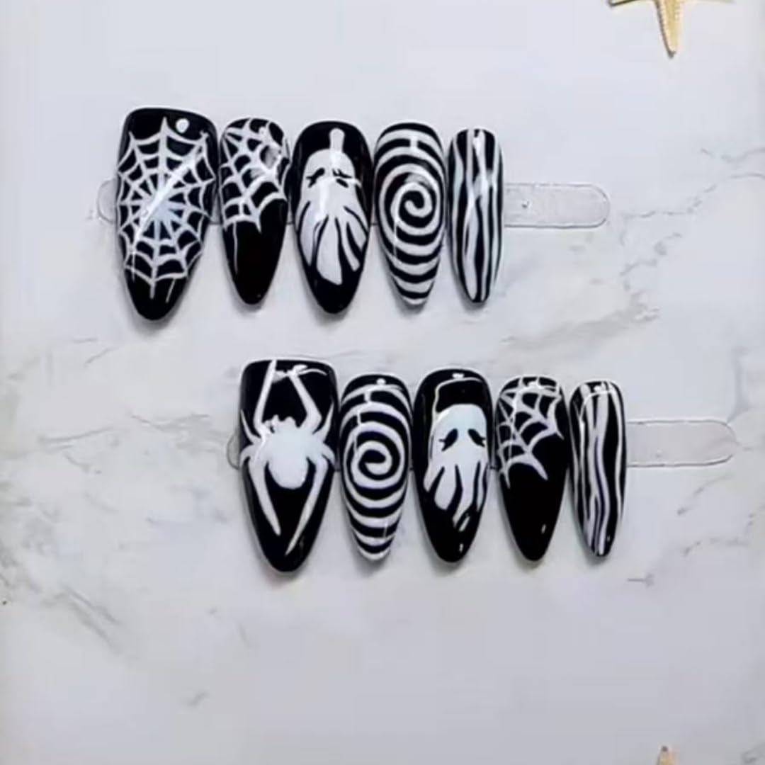 Handmade Press on Nails Halloween Horror Ghost Press on Nails Long Pointed Fake Nails Black White Stripe Spider Web Art Designs Full Cover Glue on Nails Glossy Reusable False Nails 10Pcs (MT-147-M)