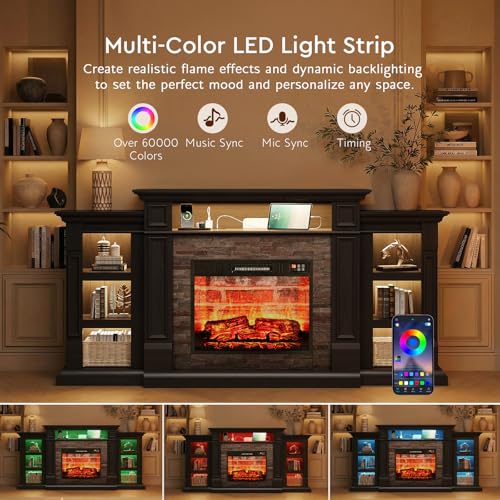 72'' Fireplace TV Stand with Outlet & LED, Electric Fireplace with Mantel, Entertainment Center with Storage, 23'' Fireplace Heater Insert with 3D Flame Effect for Living Room, Black