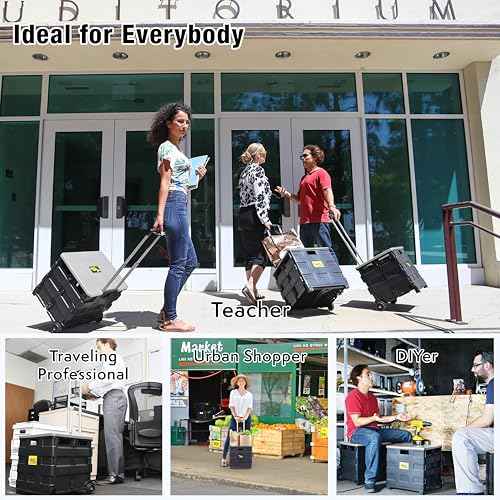 dbest products Quik Cart Collapsible Rolling Crate on Wheels for Teachers Tote Basket 80 lbs Capacity, Made from Heavy Duty Plastic and Used as a Seat, Grey