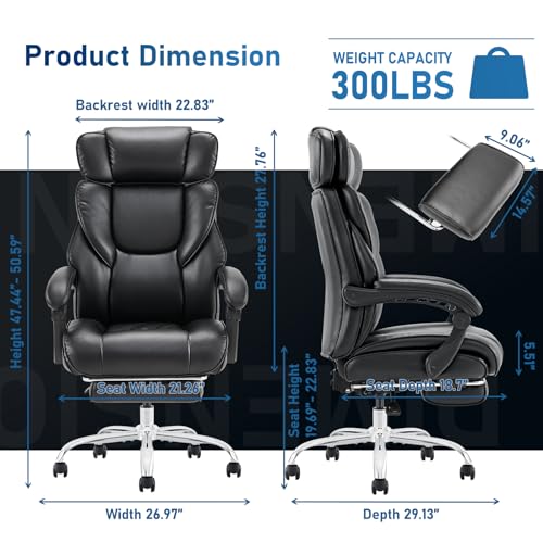 High Back Office Chair with Retractable Footrest & Lumbar Pillow, Ergonomic Bonded Leather Executive Desk Chair, Thick Padded Cushion, 90–135° Reclining Chair for Home Office,Black