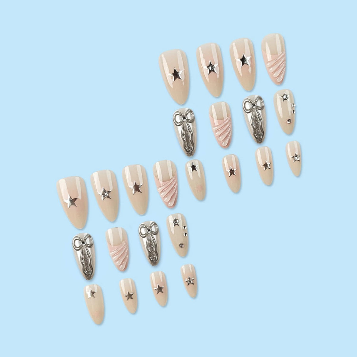 Almond Press On Nails Medium Fake Nails Bow With Star Rhinestone Design French Tip False Nails Full Cover Acrylic Nails Artificial Reusable Glue On Nail Stick On Nail For Women Manicure Art 24pcs