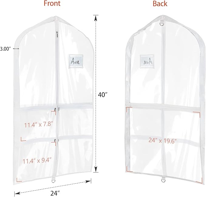 Univivi Clear PVC Dance Costume Bags (12 Pack) Garment Bag 40 Inch for Dance Competitions, with 4 Medium Clear Zipper Pockets and 1 Large Back Zippered Pocket (40'' x 24'' 12 Pack)