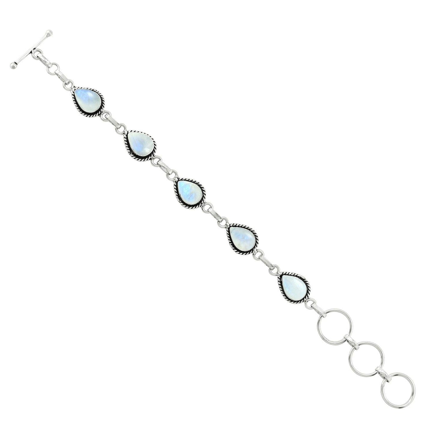 Natural Moonstone Silver Plated Link Bracelet for Women - White Stone June Birthstone Handmade Vintage Style Adjustable Bracelet - Birthday Wedding Christmas Gifts for Her