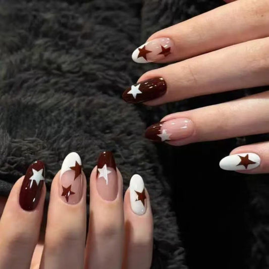 24pcs Star Press on Nails Medium Almond Fake Nails Brown White False Nails with French Tip Glue on Nail Glossy Full Cover Reusable Artificial Acrylic Stick on Nail for Women Manicure