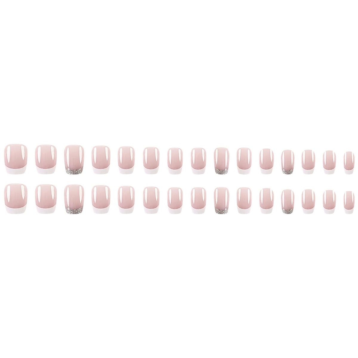 French Tip Glitter Short Square Fake Nails - Pink & White Glossy Design, Sparkly False Nails Glue On with Full Cover Acrylic Stick On Nails - 24 Pcs