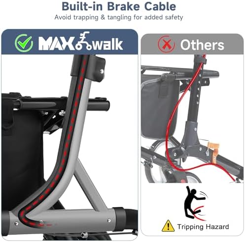 Rollator Walker for Seniors, Foldable All Terrain Rolling Walker with seat, Aluminum Walkers with 10 inch Rubber Wheels, Built-in Cable, Cup Holder, Adjustable Handles and Backrest for Seniors, Red