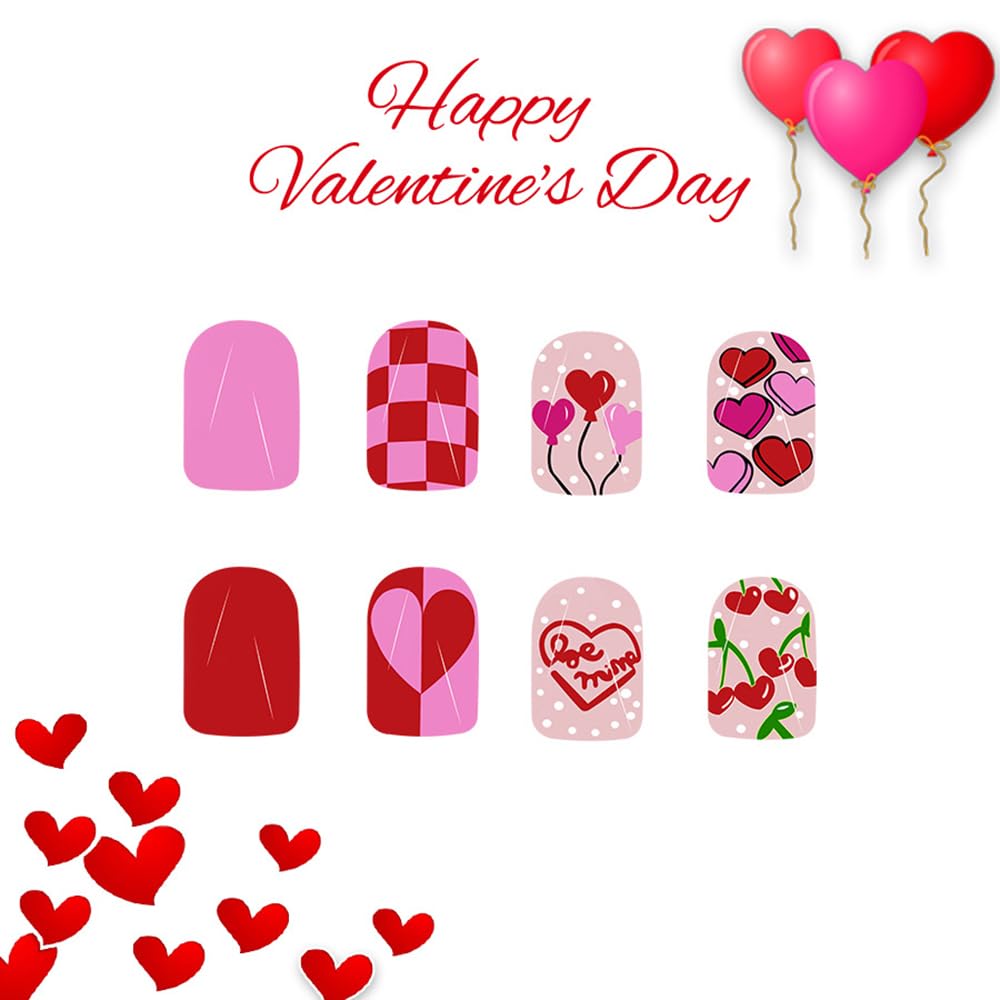 CEWEWP Valentine’s Day Press on Nails Square Short Fake Nails Red Nails Press ons Pink with Heart Grid Designs Balloon Glue on Nail Glossy Acrylic Stick on Nail for Women 24Pcs