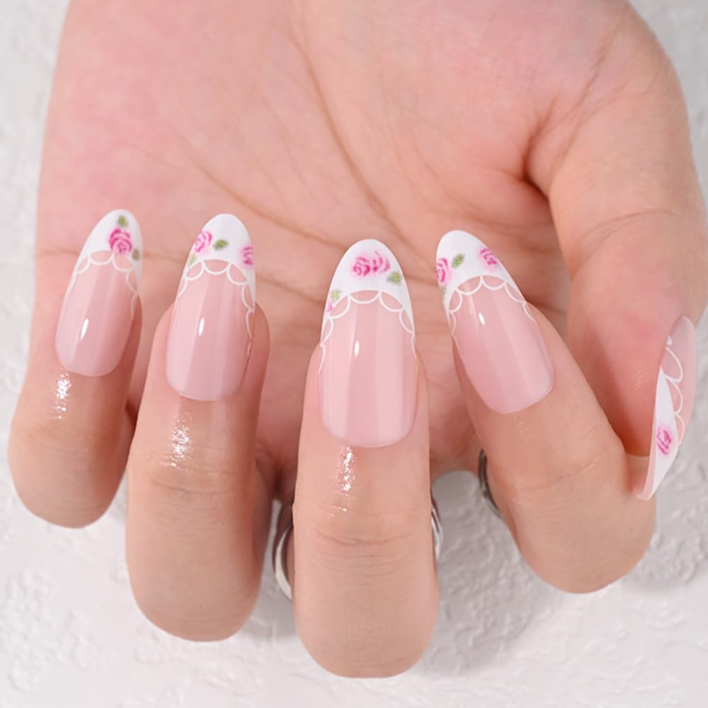evpct Nude Pink French Press on Nails Short Almond with Spring Summer Flower Design, White French Tip Stick on Nails for Women, Reusable Full Cover Soft Press on Fake Nail Perfectly Fit with Design