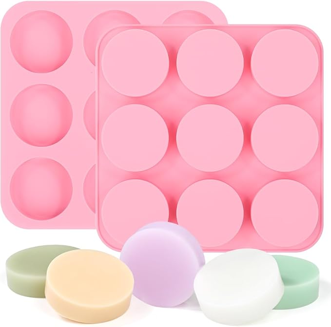 SJ Soap Molds 2 Packs, Cylindrical Silicone Soap Molds for Soap Making, 9 Cavity Round for Bath Bombs, Homemade Craft Soap, Cake, Chocolate ＆ Ice Cube-Pink