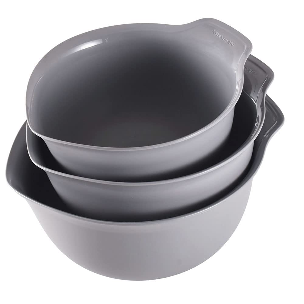 KitchenAid Universal Nesting Plastic Mixing Bowls, Set Of 3, 2.5 quart, 3.5 quart, 4.5 quart, Non Slip Base with Easy Pour Spout to Reduce Mess, Dishwasher Safe, Gray