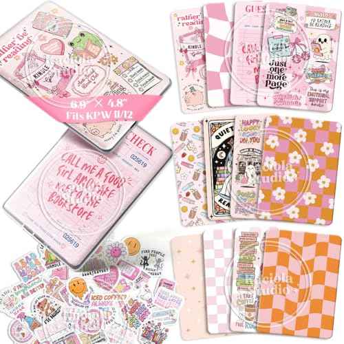 Kaciola 12PCS Inserts Cardstock Paper for E-Reader, and 50PCS Scrapbook Stickers for Clear Case, 6.9"x4.8" Funny Theme E-Reader Back Cover Insert Decorating Accessories for Paper White 11th-12th