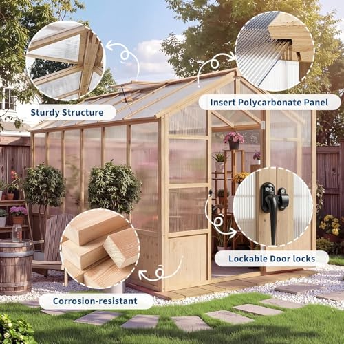 6X12 ft Outdoor Wooden Greenhouse with Lockable Door, Adjustable Roof Vent & Polycarbonate Panels, UV Protection, Large Cedar Wood Walk-in Green House for Garden, Backyard, Patio, Lawn, Light Brown