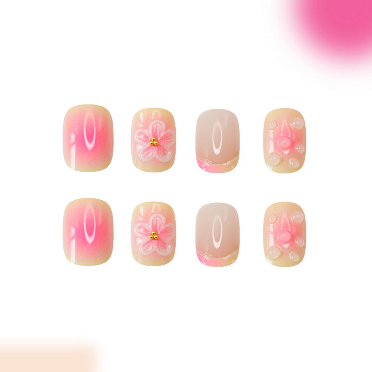 3D Short Square Press on Nails French Tip Fake Nails Pink&Yellow False Nails with Flower Water Drop Designs Glossy Glue on Nails Floral Stick on Nail for Women Girls 24Pcs