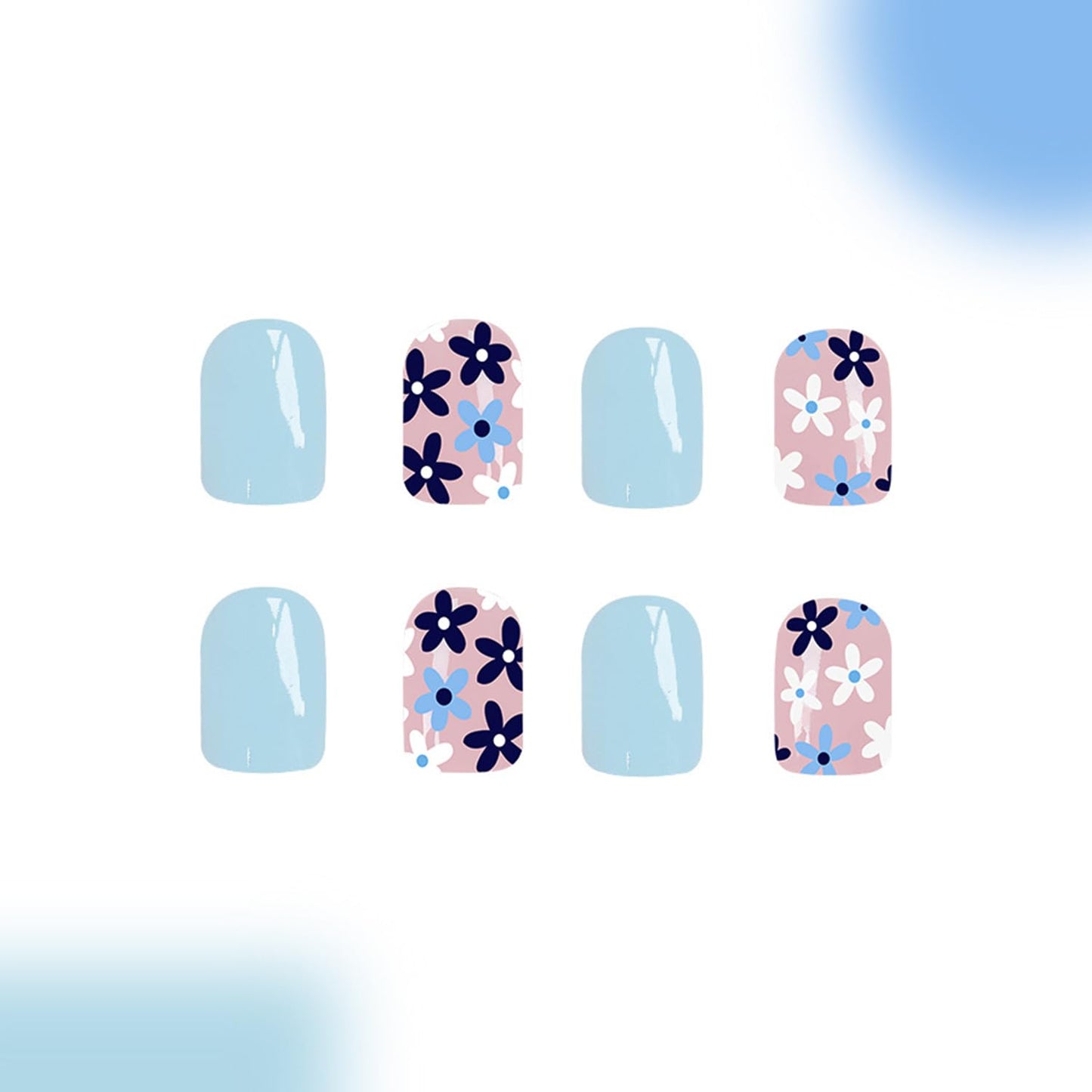 Tyuimhx Blue Flowers Press on Nails Square Short Fake Nails Spring Light Blue False Nail Glossy Full Cover Stick on Nail for Women 24Pcs