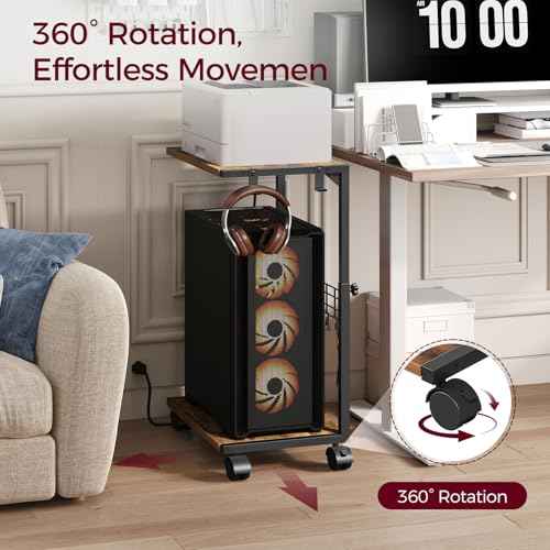 PC Stand with Charging Station, Height Adjustable Computer Tower Stand, 19.7"-31.5" H, Computer Cart with Wheels and Hooks, CPU Holder for Floor, Carpet and Under Desk, Rustic Brown