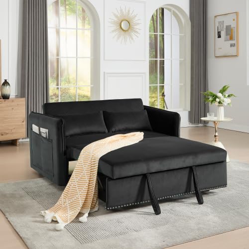 Trygoal 3 in 1 Convertible Sofa Bed, Pull Out Couch with Side Pockets, Velvet Fabric Loveseat Sleeper Sofa Bed, Pull Out Couch with Adjustable Backrest for Living Room, Bedroom, Apartment, Black