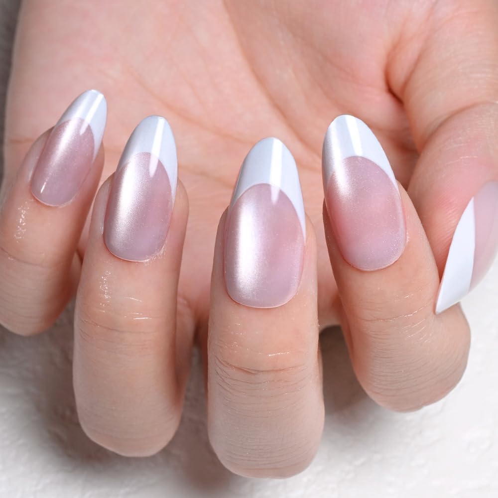 evpct Pale Nude Cat Eye French Tip Press on Nails Almond Medium No Glue, White French Tip Medium Almond Holographic Stick on Nails for Women Gift, Reusable Full Cover Soft Press on Nail Perfectly Fit