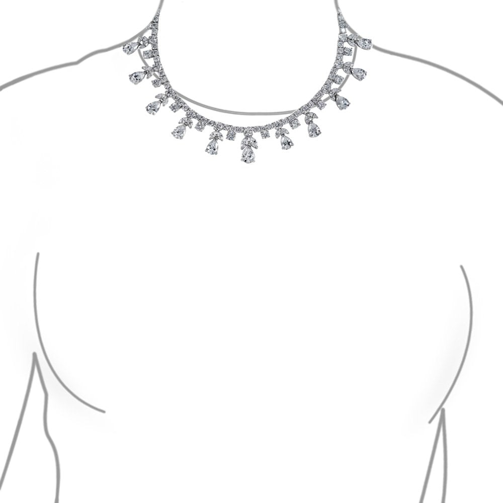 Vintage Estate Art Deco Style Design Bridal Jewelry Set Fashion Bridal Multi Teardrop AAA CZ Statement Spray Collar Necklace & Chandelier Dangle Earrings For Women Silver Plated