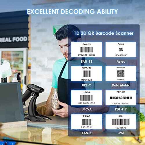 Eyoyo 2D 1D Wireless Barcode Scanner with Stand, 3-in-1 Barcode Reader 2.4G Wireless & Bluetooth & Wired USB Connection, Handheld QR Code Scanner for iPhone, Mac, Android, Store, Warehouse, Library
